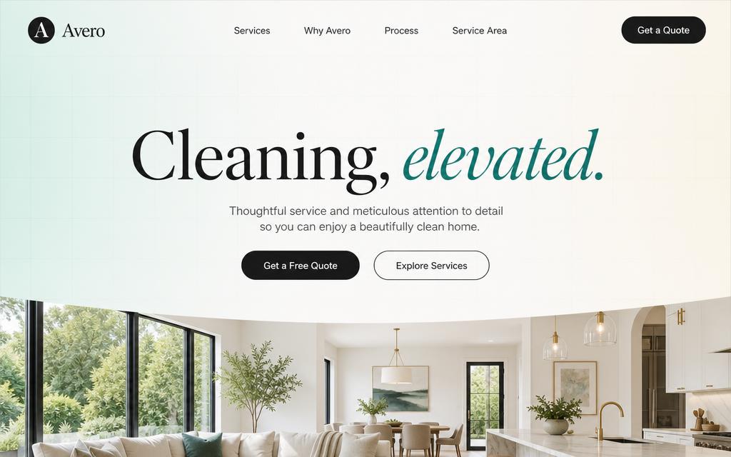 Concept design for Avero, a home cleaning company, with a bright serif headline and soft mint palette